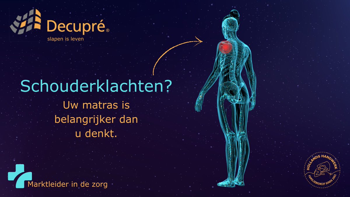 Schouderklachten? 
Laat u dan gratis adviseren door de marktleider in de zorg en vul vrijblijvend het adviespaneel in op  decupre.com/#adviespaneel.
U kunt ons ook bellen op 0316-750441 want uw matras is belangrijker dan u denkt.