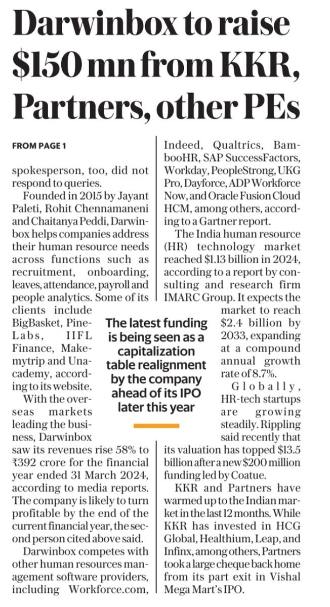 Ashishkafunda's tweet image. Darwinbox Funding Round - 

Funding Amount &amp;amp; Valuation - #Darwinbox is set to raise $120-$150 million in a new funding round.

The company is expected to be valued at around $950 million, lower than its $1 billion valuation in 2022.

Lead Investors -

#KKR: Investing $50 million.…