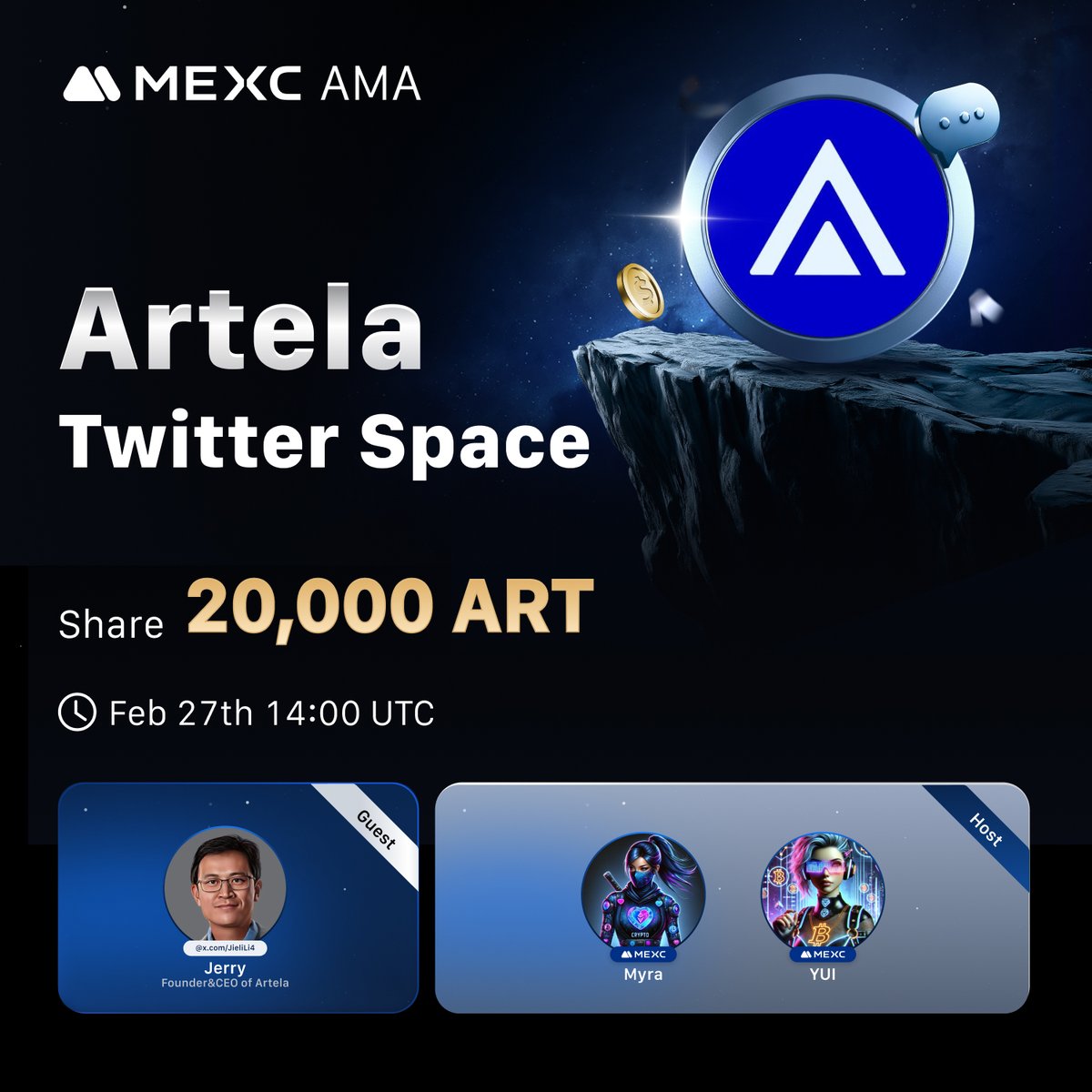 🚀 Join the #MEXC x #Artela <a href="/Artela_Network/">Artela</a> Space AMA!
 
🎯 Topic: Exploring the Future of Blockchain with Artela Network! 
 
📅 Mark your calendar: 
 x.com/i/spaces/1vOxw…
 
👉 Win your share of 20,000 $ART tokens! Don't miss out:
 gleam.io/competitions/e…