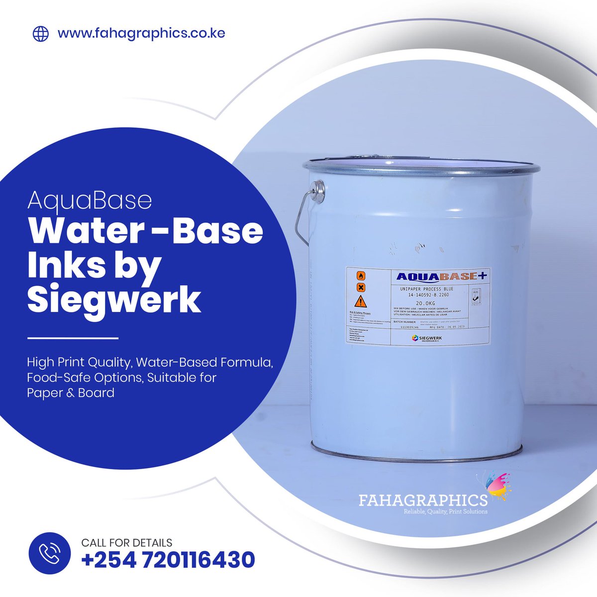 FahaGraphics's tweet image. Eco-friendly printing at its best! 🌿✨ Siegwerk Water-Based Inks offer high print quality, a sustainable water-based formula, and food-safe options—perfect for paper &amp;amp; board printing. Call us today for details! 

☎️ +254 720116430

 #Siegwerk #WaterBasedInks #EcoFriendlyPrinting