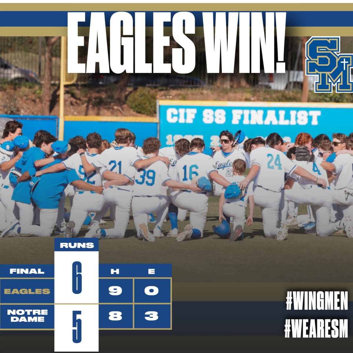 SMCHSBaseball (@smchsbaseball) on Twitter photo Eagles Win in walk off fashion! ๐ฆ
W- #chrissaucedo 1 IP 1K
#noahdarnell 1 IP 0R
#brodyschumaker 2-4 2B
#benfinnegan 2-4 2B 1 RBI
#gavinspiridonoff 1-3 2B
#chasemarlow 2-3 2 RBI
#delmarperez 2-3
<a href="/SMCHSEagles/">SANTA MARGARITA Catholic High School</a> <a href="/SMCHSAthletics/">SMCHS Athletics</a> Eagles Win in walk off fashion! ๐ฆ
W- #chrissaucedo 1 IP 1K
#noahdarnell 1 IP 0R
#brodyschumaker 2-4 2B
#benfinnegan 2-4 2B 1 RBI
#gavinspiridonoff 1-3 2B
#chasemarlow 2-3 2 RBI
#delmarperez 2-3
<a href="/SMCHSEagles/">SANTA MARGARITA Catholic High School</a> <a href="/SMCHSAthletics/">SMCHS Athletics</a>