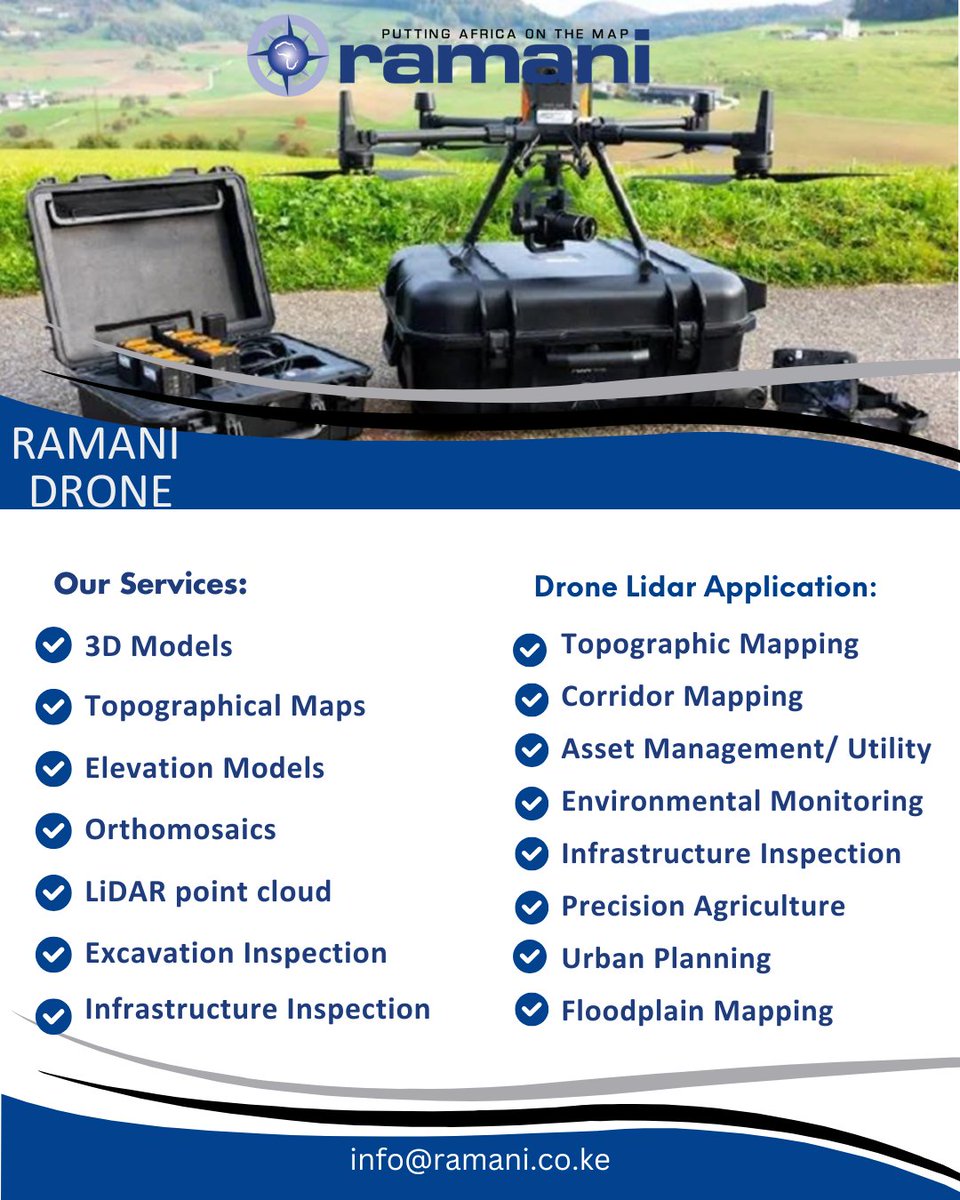 Ramani_Group's tweet image. Contact Us: info@ramani.co.ke or WhatsApp 0722200616
#DroneSurvey #AerialSurvey #LiDARMapping #GeospatialTech #RemoteSensing #GIS #UAVMapping #Surveying #3DMapping #TopographicSurvey #MappingAfrica #RamaniGeosystems