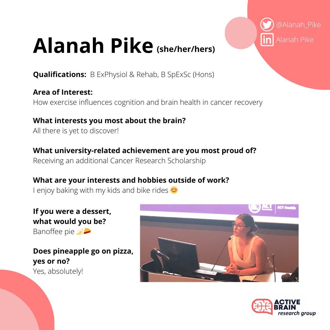 #MeetOurTeam: Alanah has been hard at work investigating how #exercise influences #cognition and #BrainHealth in #CancerRecovery in #ProstateCancer survivors. You might have seen her around campus as a student rep, a tutor, and a demo in the lab! 🤓

#UniCanberra #ActiveBrainUC