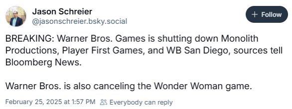 Zackizard's tweet image. This sucks. Monolith made some great games.