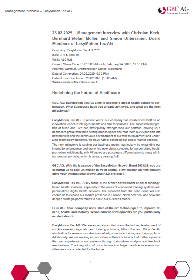 GBC_Research's tweet image. EasyMotion Tec AG (#EFIT) #EquityResearch #ManagementInterview english "Redefining the Future of Healthcare" #SmallCaps #Börse #Aktie #Research #technology t1p.de/izwsr