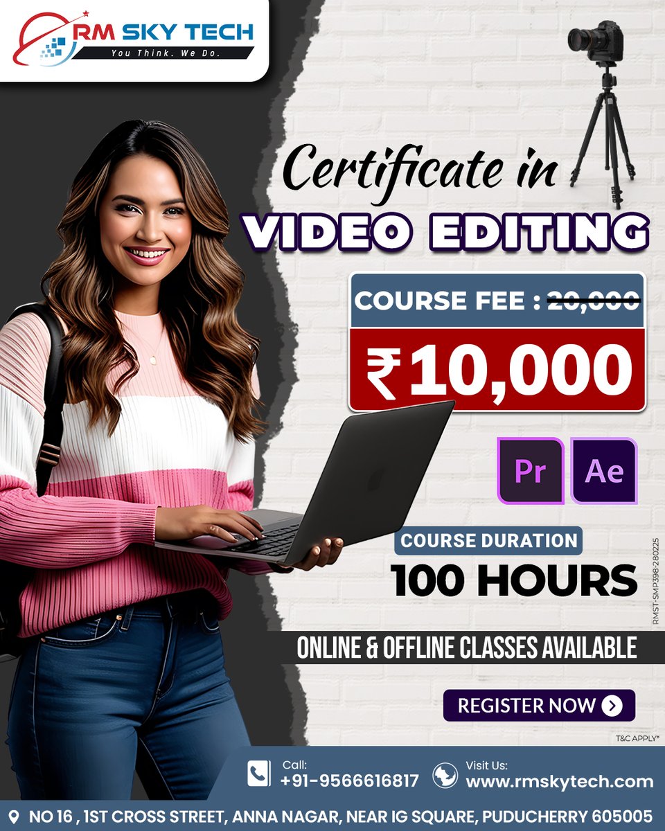 RMSkyTech1's tweet image. 🎬 Certificate in Video Editing 🎬

💰 Course Fee: Rs. 10,000
⏳ Course Duration: 100 Hours
🚀 Register Now 

📞 Call Us: +91-9566616817
🌐 Visit: rmskytech.com

#VideoEditing #LearnVideoEditing #CreativeSkills #RMSkytech #FilmEditing #DigitalMedia