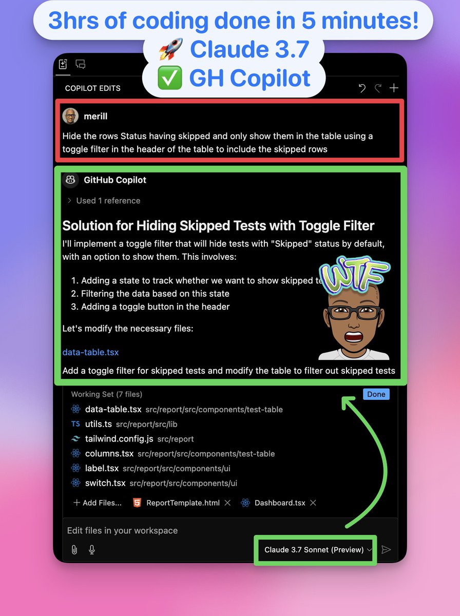 Claude 3.7 + GitHub Copilot just blew my mind. 

I went from a short prompt to working code in minutes!!

This task would have taken me 3+hrs given I'm not a front end dev.

The reality of needing less devs is coming fast...