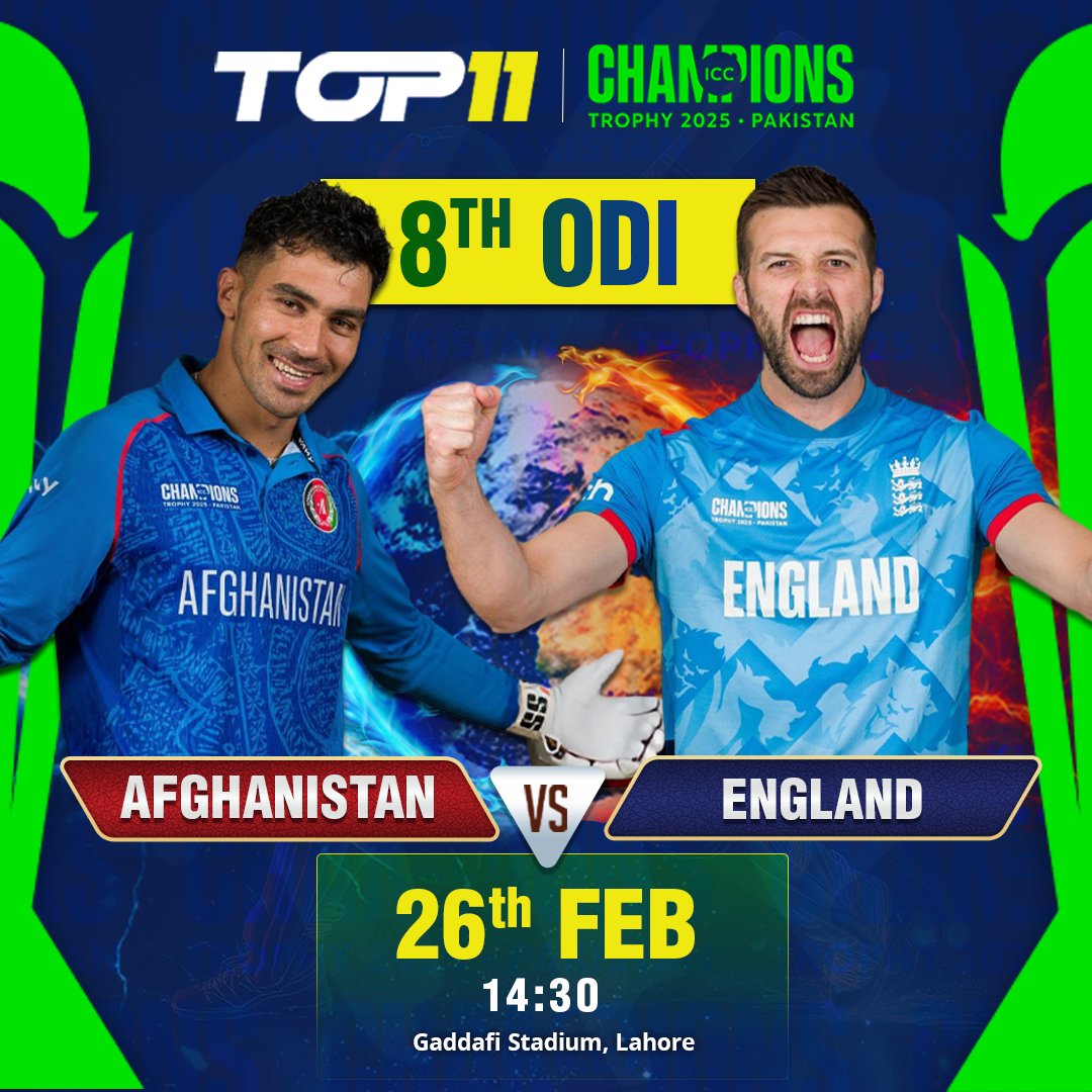 Top11_india's tweet photo. Afghanistan’s fearless spirit vs. England’s experience! ⚡🔥
Big hits, quick wickets, and a battle of skills! 🎯🏏
Get ready for a thrilling contest! 🚀🔥
#AFGvsENG #ODIAction #CricketBattle #GameOn #WhoWillWin https://t.co/KP5m4YSM70