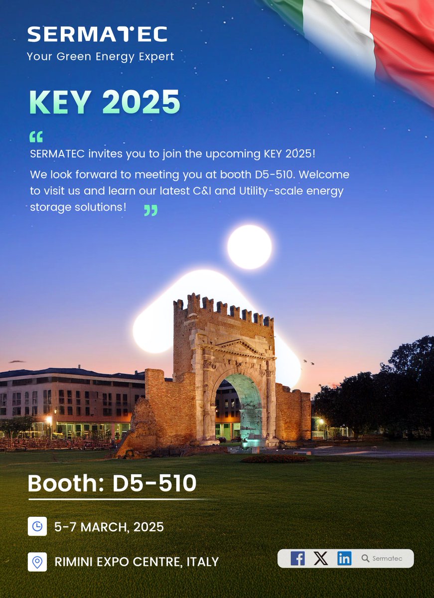 ⏳ Just 2 Days to Go! See You at KEY 2025! 🇮🇹

The energy transition is happening—are you ready? Sermatec is bringing our latest Commercial &amp; Industrial ESS Solutions and Utility-Scale ESS Solutions to KEY 2025!

📍 Rimini Expo Centre, Italy
📅 5-7 March, 2025
📌 Booth: D5-510