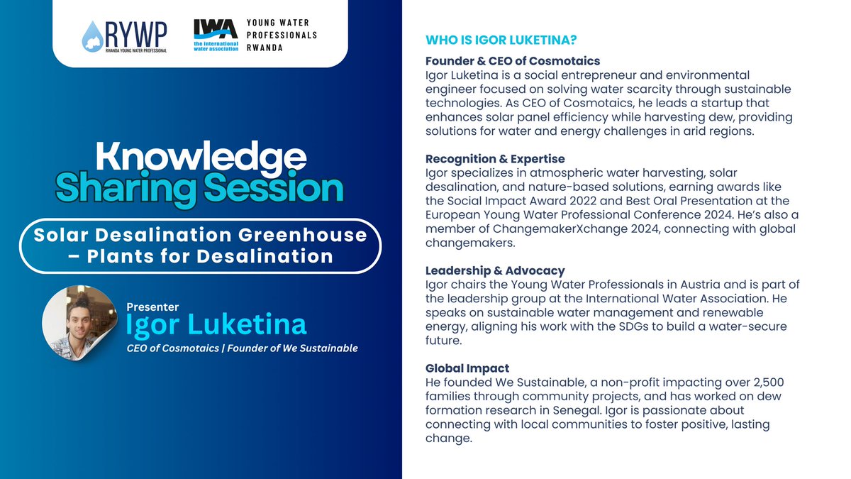 Rwanda Young Water Professional (@ywprwanda) on Twitter photo 👨🏫 Introducing our presenter for tomorrow’s Knowledge Sharing Session — <a href="/IgorLuketina/">Igor Luketina</a> !
📅 Date: 27th February 2025
🕒 Time: 2:30 PM - 3:30 PM (CAT)
🔗 Join us here: meet.google.com/qqc-ofpa-eyv
Don’t miss it! 👨🏫 Introducing our presenter for tomorrow’s Knowledge Sharing Session — <a href="/IgorLuketina/">Igor Luketina</a> !
📅 Date: 27th February 2025
🕒 Time: 2:30 PM - 3:30 PM (CAT)
🔗 Join us here: meet.google.com/qqc-ofpa-eyv
Don’t miss it!