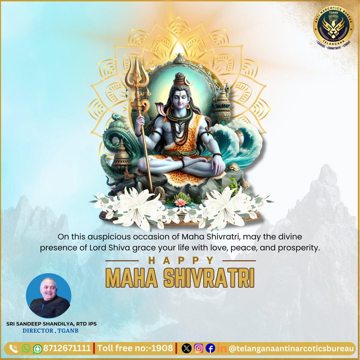 On this auspicious occasion of #Mahashivratri , may the divine presence of Lord Shiva grace your life with love, peace, and prosperity.

To share information on drugs :-  
Toll Free No-1908  

   #drugfreetelangana #telanganaantinarcoticsbureau #tganb #drugfreegeneration