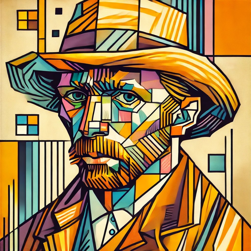 #ai #Cubist-inspired reinterpretation of #VincentvanGogh self-portrait with a straw hat, featuring bold geometric shapes and an abstract color palette #AIart #AIcommunity #AIContent