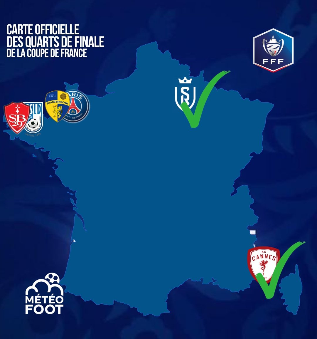 MeteoFootMaps's tweet photo. ✅️ L'AS Cannes (N2) qui réussit encore un exploit en éliminant l'EA Guingamp (L2), les rémois qui s'offre une fin de saison haletante..!

Les deux derniers 1/4 ce soir !

➡️ La carte des 1/4 de finale de la Coupe de France !

✅️ QUALIFIÉS

#ASCEAG #SCOSDR #Ligue1 #CoupedeFrance
