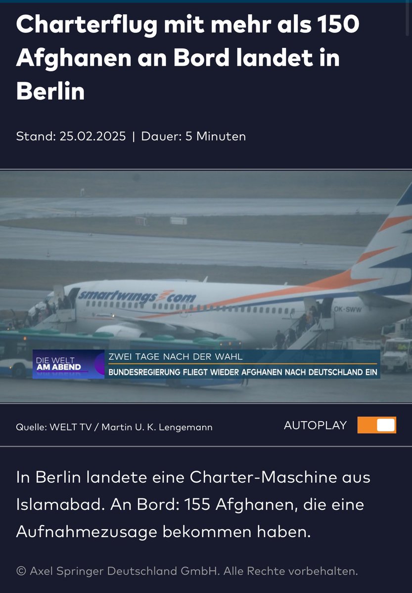 155 Eingeflogen, insgesamt werden es 3000 sein, die mit dem Flugzeug kommen sollen! Das ist doch unzumutbar. Wir brauchen Flüge aus Deutschland raus und nicht umgekehrt. Sicherheit gibt es nur mit der #AfD auch in #Hamburg.
#HamburgWahl2025