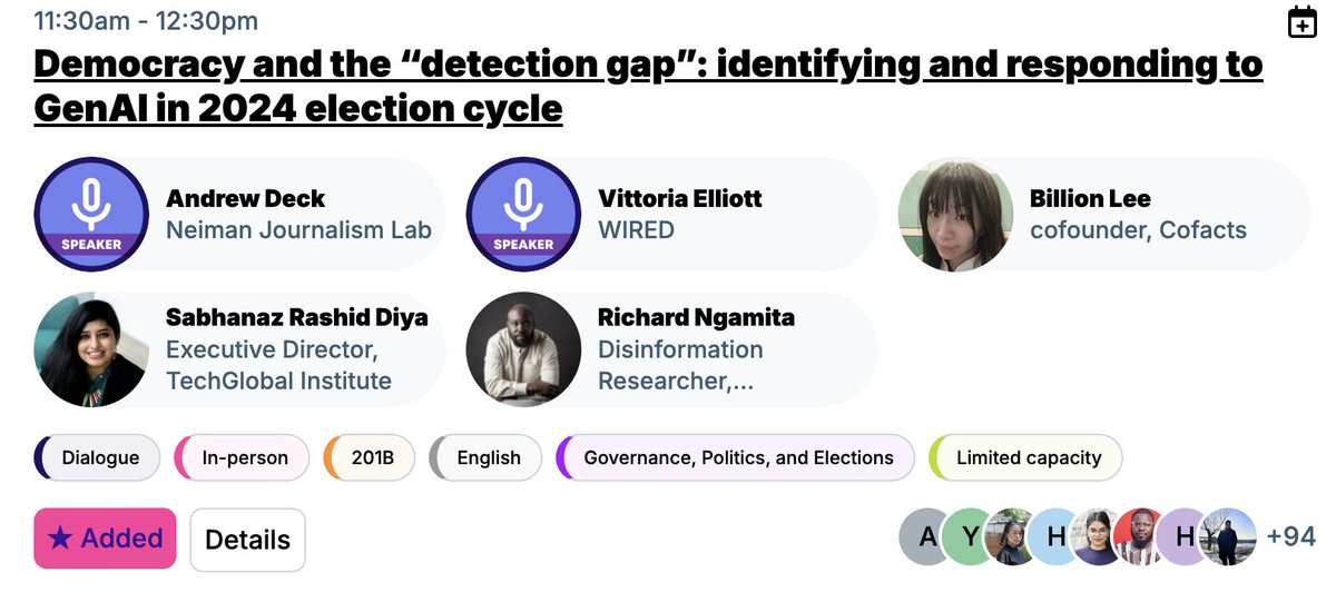 decka227's tweet image. I’m at RightsCon in Taipei this week!
I'll be moderating a panel tomorrow on election deepfakes with some fantastic experts. We're talking about the barriers journalists and researchers in the Global South face in accessing proper AI detection tools. Session is @ 11:30 in 201B!
