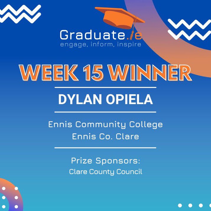 EnnisCC's tweet photo. Congratulations to Transition Year student Dylan Opiela who won a Graduate Ireland prize sponsored by Clare County Council. @ClareCoCo https://t.co/eeZkXwWC43