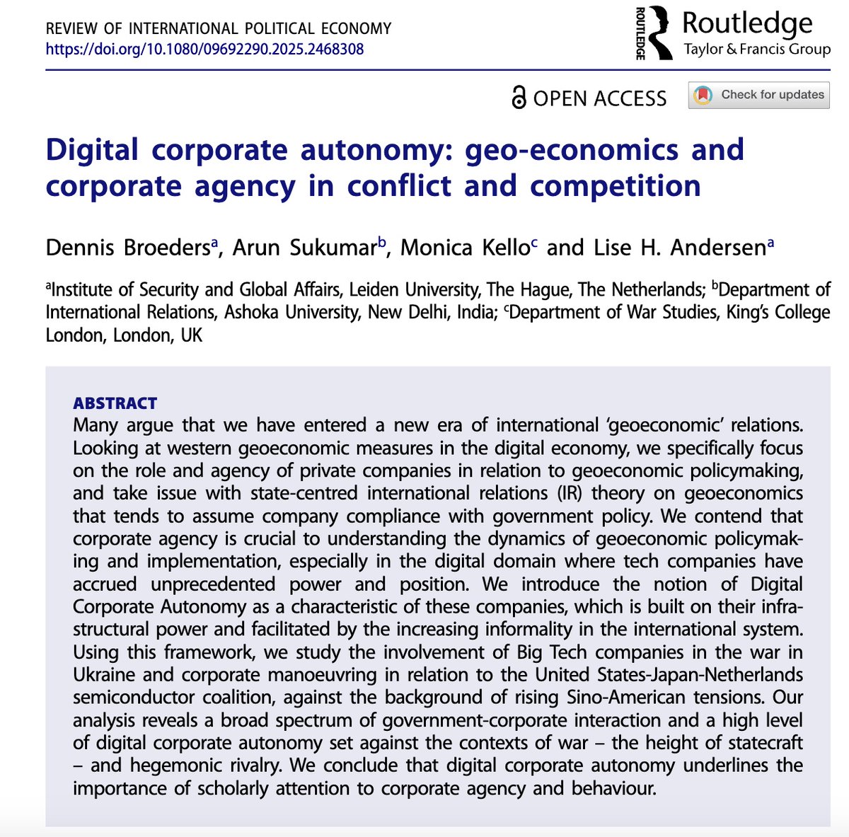 Arun Sukumar (@arunmsukumar) on Twitter photo In the Review of International Political Economy, <a href="/DennisBroeders/">Dennis Broeders @DennisBroeders@infosec.exchange</a>, <a href="/monica_kello/">Monica Kello</a>, Lise Andersen and I analyse how technology companies are navigating strategic competition and the tide of geo-economic measures around the world. In the Review of International Political Economy, <a href="/DennisBroeders/">Dennis Broeders @DennisBroeders@infosec.exchange</a>, <a href="/monica_kello/">Monica Kello</a>, Lise Andersen and I analyse how technology companies are navigating strategic competition and the tide of geo-economic measures around the world.