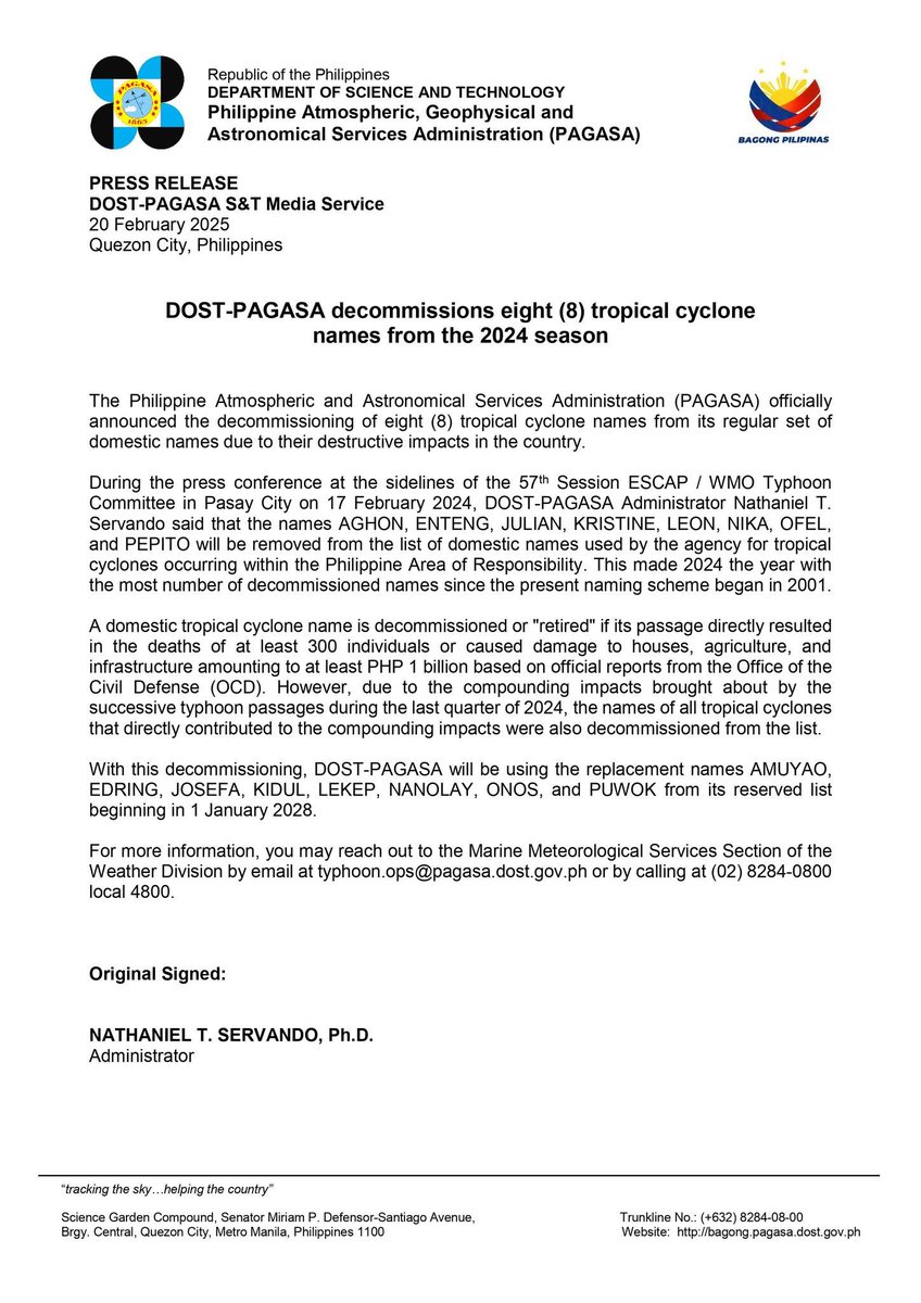 ibcdigital13's tweet image. Tuluyan nang aalisin ng DOST-PAGASA sa kanilang listahan ang walong mga pangalan ng bagyo na nanalasa sa Pilipinas noong 2024 kabilang ang #AghonPH, #EntengPH, #JulianPH, #KristinePH, #LeonPH, #NikaPH, #OfelPH, at #PepitoPH.  [1/2]