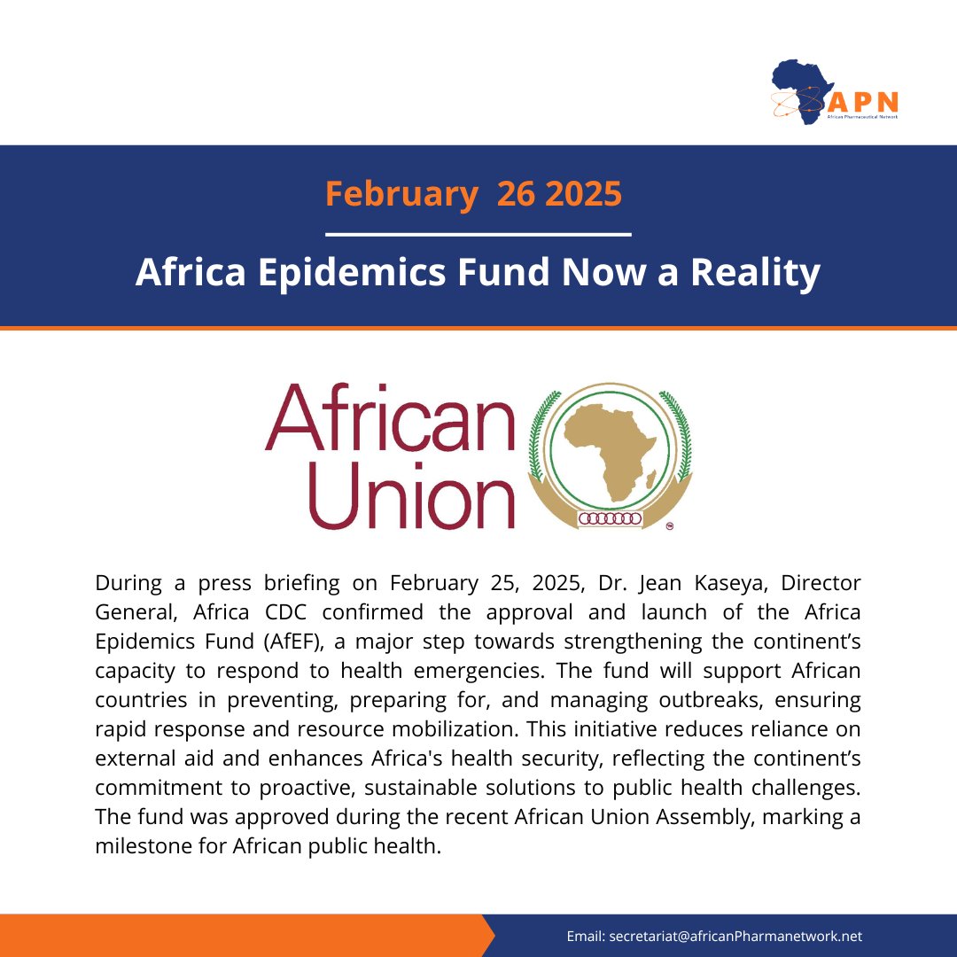 African Pharmaceutical Network (@africanpharman) on Twitter photo The <a href="/_AfricanUnion/">African Union</a> has finally approved the operationalization of the Africa Epidemics Fund. This comes 3 years after African heads of state agreed to its creation. The fund will be used to support African countries to prepare and respond to outbreaks.
<a href="/AfricaCDC/">Africa CDC</a> <a href="/AfricanAmata/">African Medicines Agency Treaty Alliance (AMATA)</a> The <a href="/_AfricanUnion/">African Union</a> has finally approved the operationalization of the Africa Epidemics Fund. This comes 3 years after African heads of state agreed to its creation. The fund will be used to support African countries to prepare and respond to outbreaks.
<a href="/AfricaCDC/">Africa CDC</a> <a href="/AfricanAmata/">African Medicines Agency Treaty Alliance (AMATA)</a>