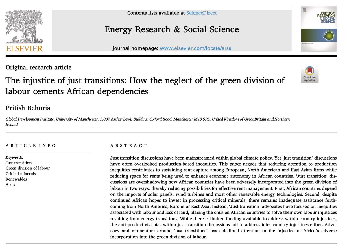 Pritish Behuria (@pritishbehuria) on Twitter photo New article out today :) The #injustice of #justtransitions: How the neglect of the green division of labour cements African dependencies in Energy Research & Social Science:
<a href="/GlobalDevInst/">Global Development Institute</a> @SustainableUoM <a href="/ManchesterSCI/">ManchesterSCI</a>
sciencedirect.com/science/articl…… New article out today :) The #injustice of #justtransitions: How the neglect of the green division of labour cements African dependencies in Energy Research & Social Science:
<a href="/GlobalDevInst/">Global Development Institute</a> @SustainableUoM <a href="/ManchesterSCI/">ManchesterSCI</a>
sciencedirect.com/science/articl……
