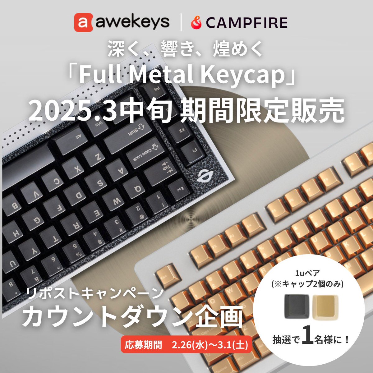 AwekeysJapan's tweet image. 【Awekeys Japan 第2弾プレゼントキャンペーン】
ご好評いただいたプレゼント企画の第2弾を開催いたします。

今回は、チタンブラック &amp;amp; サテンゴールドの無刻印1uキーキャップセット（計2キー）を、抽選で1名様にプレゼントいたします。

応募方法
1. @AwekeysJapan をフォロー
2.…