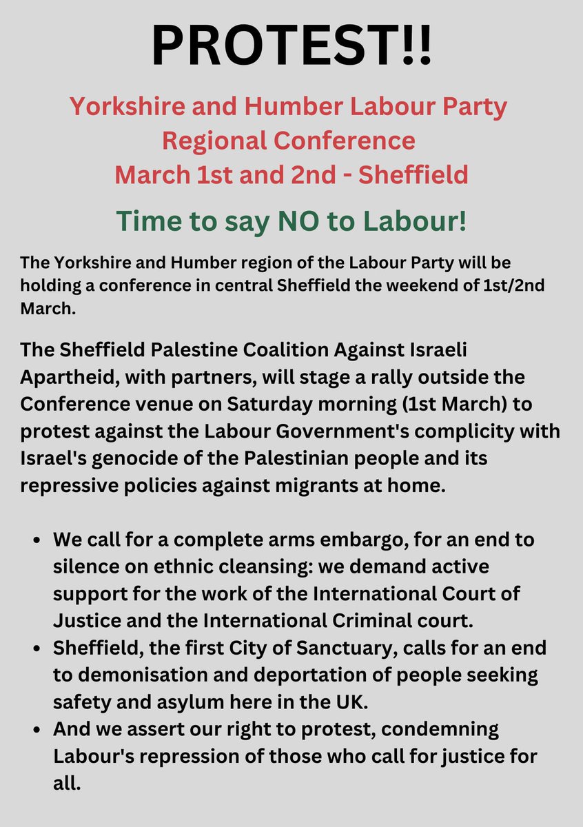 SheffieldPSC (@sheffieldpsc) on Twitter photo Join us this Saturday between 8am and 10 am to protest against the complicity of the Labour government with the genocide and its unacceptable policies for those seeking asylum.
#dignitynotdetention
#endtheoccupation
<a href="/PSCupdates/">Palestine Solidarity Campaign</a> Join us this Saturday between 8am and 10 am to protest against the complicity of the Labour government with the genocide and its unacceptable policies for those seeking asylum.
#dignitynotdetention
#endtheoccupation
<a href="/PSCupdates/">Palestine Solidarity Campaign</a>