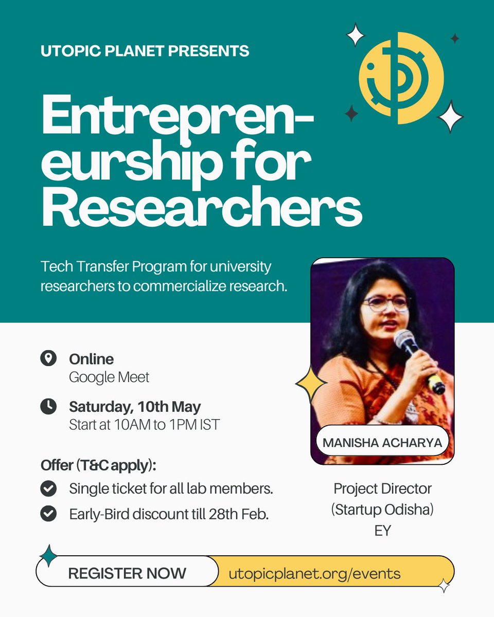 UtopicPlanetOrg's tweet photo. This session lays out two clear paths for researchers: starting your own company or teaming up with an entrepreneur. We’ll use case studies and group exercises to help you assess your strengths and explore business models.

Register Now!
https://t.co/UsLlbLm925 https://t.co/wiLeAnQbsO