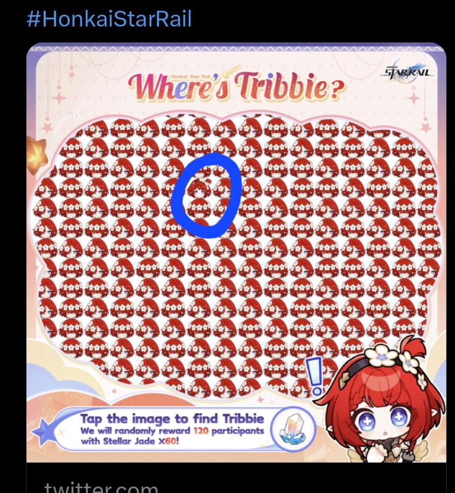 Skitchiro's tweet photo. #WhereIsTribbie
Tribbie is right here ↓

#Tribbie PICKUP is now in progress!
Gift from Tribbie: [WHEREISTRIBBIE]
Go to Redeem: https://t.co/cqgi167GNy
https://t.co/80WMGb20AD
#HonkaiStarRail @honkaistarrail https://t.co/OfSu9t8xXQ