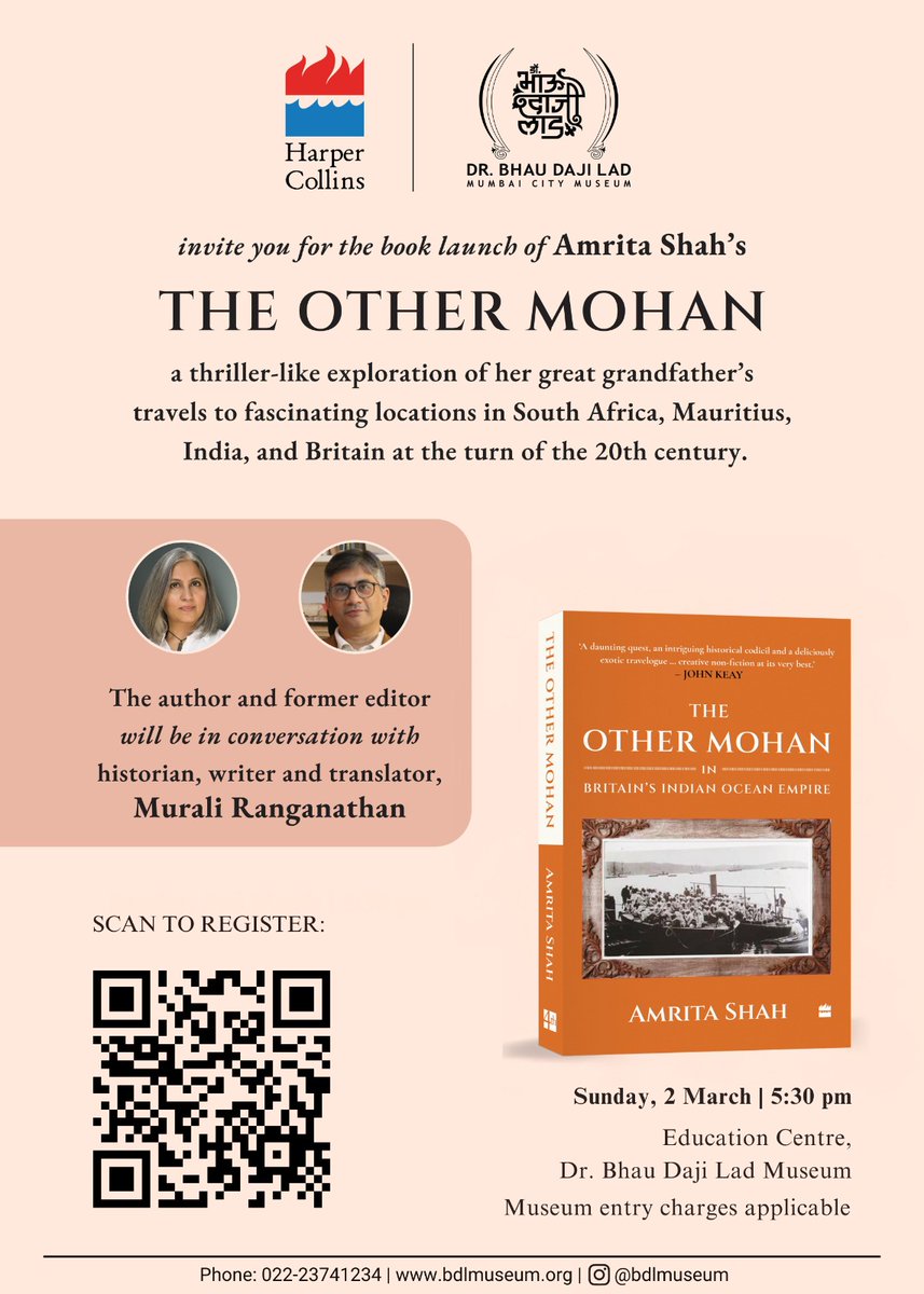 The #BDLMuseum in collaboration with <a href="/HarperCollinsIN/">HarperCollins</a> invites you to the launch of 𝘛𝘩𝘦 𝘖𝘵𝘩𝘦𝘳 𝘔𝘰𝘩𝘢𝘯 𝘪𝘯 𝘉𝘳𝘪𝘵𝘢𝘪𝘯𝘴 𝘐𝘯𝘥𝘪𝘢𝘯 𝘖𝘤𝘦𝘢𝘯 𝘌𝘮𝘱𝘪𝘳𝘦. The book launch will be followed by a conversation between author Amrita Shah and Murali Ranganathan.