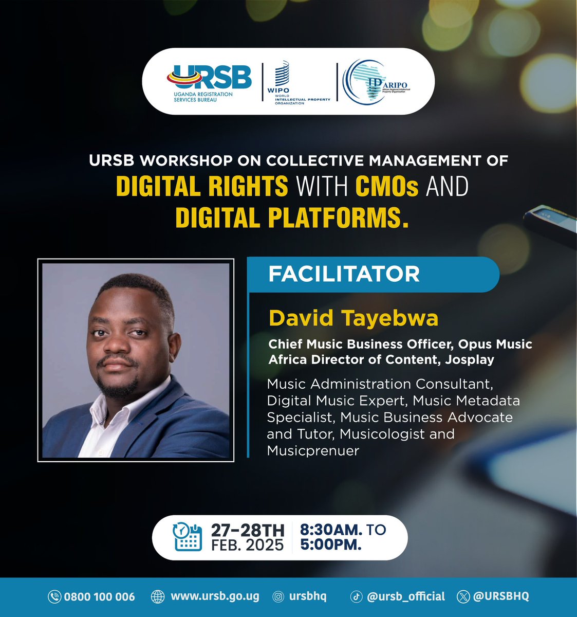 URSBHQ's tweet image. Gain expert knowledge on digital rights at the URSB Workshop with @tabzyd, a music business consultant, and @rjamugisa, a PR &amp;amp; communications expert—sign up now: ursb-go-ug.zoom.us/webinar/regist….

#IntellectualPropertyUG #IPWorkshop #DigitalRights