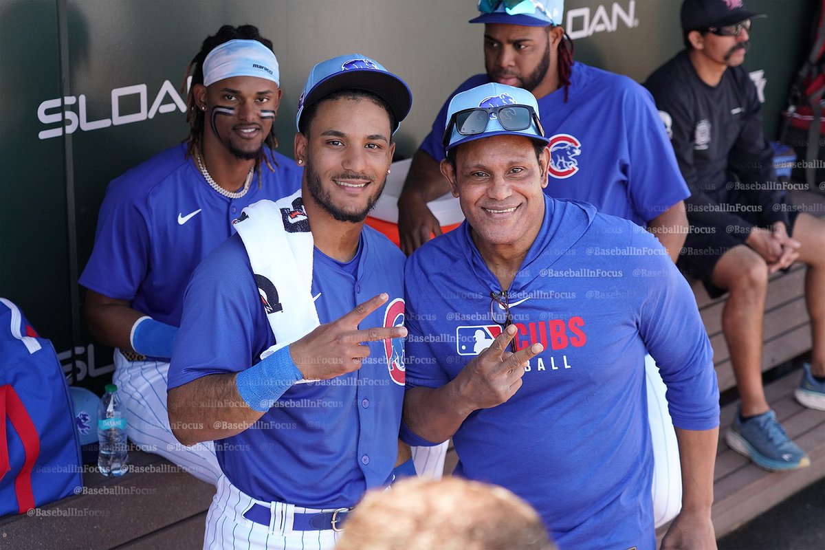 Sammy Sosa spends time in Cubs dugout with players: Seiya Suzuki, Kevin Alcantara, Michael Busch and Angel Cepeda.