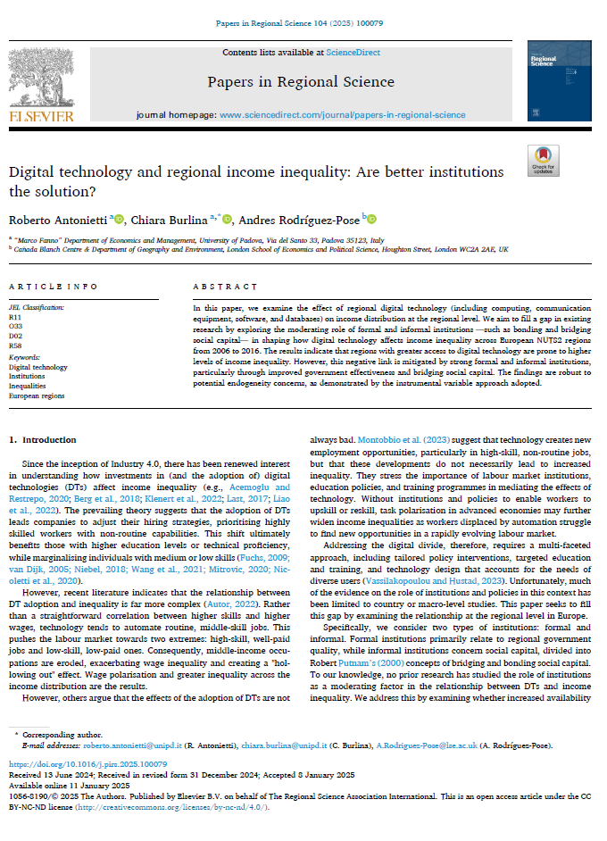 Digitalisation often widens #inequality.
However, my new research with <a href="/RobertoAntonie5/">Roberto Antonietti</a> &amp; <a href="/chiarabu2/">Chiara Burlina</a> finds that strong institutions—good governance, social capital—turn digital progress into shared prosperity. Without them, inequality is the default.
🔗 doi.org/10.1016/j.pirs…