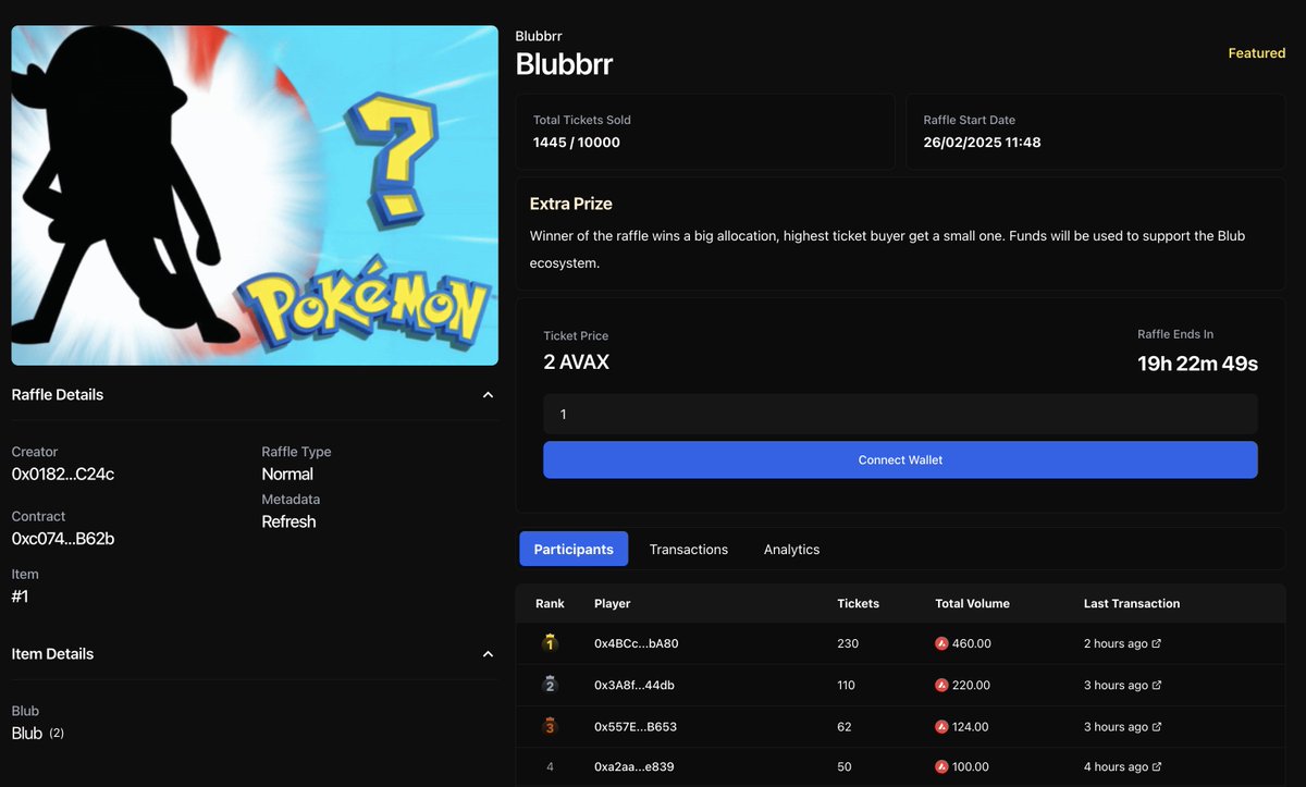 eth_apple's tweet image. If your @BlubBlobCoin  application is still pending, consider seizing this new opportunity!

By purchasing tickets, you have a chance to win a big BLUB allocation, and the top ticket buyer is guaranteed a small allocation.

• Each ticket costs 2 $AVAX.
• In the past 5 hours,…