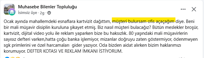 "Müşteri bulursam ofis açaçağım diye kartvizit dağıttım,
Şikayet etmişler"
diyor Genç Meslektaş...
KOTA ve REKLAM İMKANI İsteğini de belirtmiş.