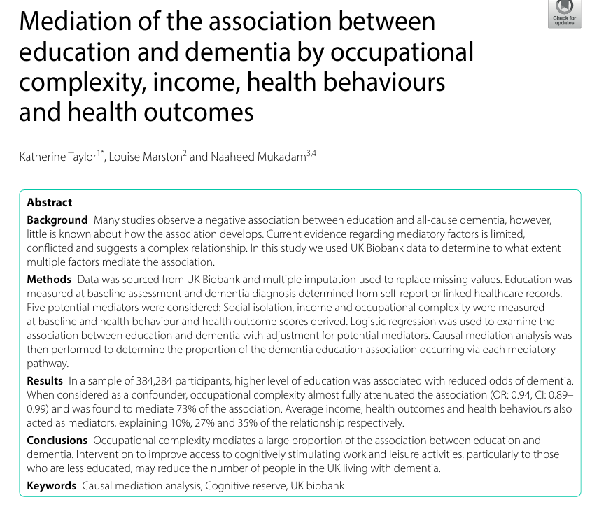 Louise Marston (@marstonlouise) on Twitter photo Mediation of the association between education and dementia by occupational complexity, income, health behaviours and health outcomes <a href="/BioMedCentral/">BMC</a> <a href="/Naaheed_Mukadam/">Naaheed Mukadam</a> <a href="/UCL_PCPH/">UCL Primary Care & Population Health</a> <a href="/UCLPsychiatry/">UCL Psychiatry</a> Mediation of the association between education and dementia by occupational complexity, income, health behaviours and health outcomes <a href="/BioMedCentral/">BMC</a> <a href="/Naaheed_Mukadam/">Naaheed Mukadam</a> <a href="/UCL_PCPH/">UCL Primary Care & Population Health</a> <a href="/UCLPsychiatry/">UCL Psychiatry</a>