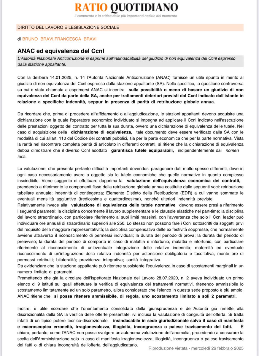 Delibera ANAC in tema di equivalenza del CCNL per #RATIOquotidiano 
#articoli di #aggiornamento