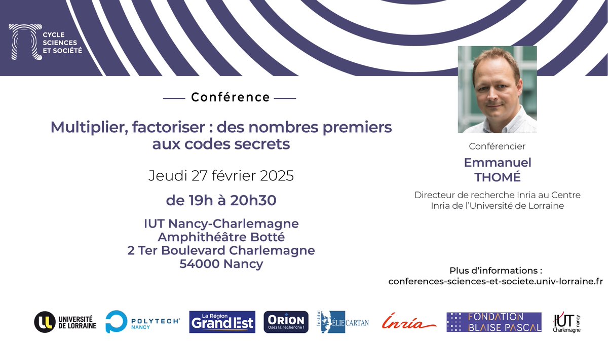 Sciences&Société (@science_societe) on Twitter photo Depuis son invention, la carte bancaire s'est imposée comme un outil indispensable de la vie quotidienne.
Emmanuel Thomé, chercheur à l'<a href="/Inria_Nancy/">Centre Inria de l'Université de Lorraine</a> dévoilera tous les secrets de la carte bleue, au moyen des nombres premiers, lors de sa conférence demain à l'@iutCharlemagne Depuis son invention, la carte bancaire s'est imposée comme un outil indispensable de la vie quotidienne.
Emmanuel Thomé, chercheur à l'<a href="/Inria_Nancy/">Centre Inria de l'Université de Lorraine</a> dévoilera tous les secrets de la carte bleue, au moyen des nombres premiers, lors de sa conférence demain à l'@iutCharlemagne