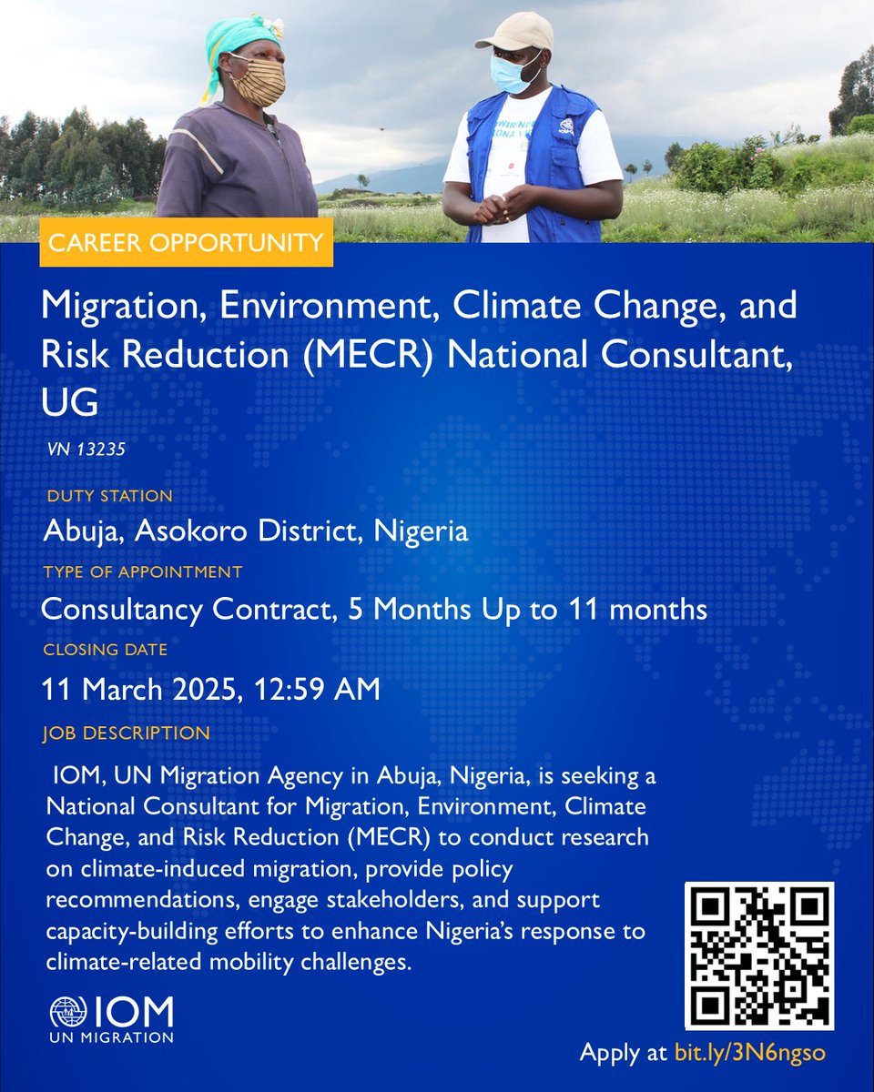 IOM_Nigeria's tweet photo. #JobOpportunities in Abuja and Lagos📢

Consultant - Migration Health Physician

Consultant - Migration Health Nurse

Consultant - Migration, Environment, Climate Change, and Risk Reduction (MECR)

🚨Deadline: 11th March 2025

Scan QR codes or 👇

🔗https://t.co/L0ILLjDtxK https://t.co/Y44HK7e3sH