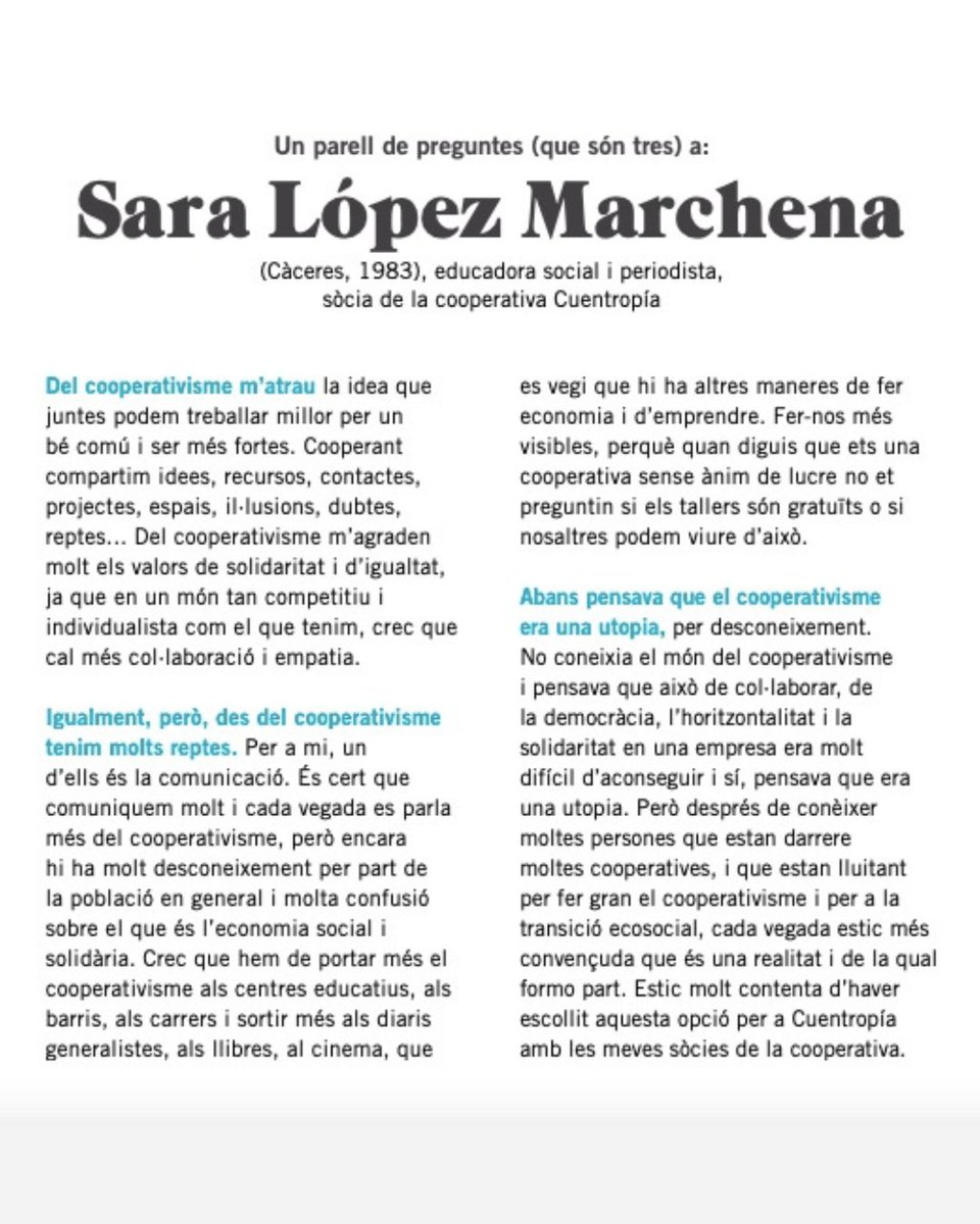 🗣️UN PARELL DE PREGUNTES (QUE SÓN TRES) | Sara López, sòcia de la cooperativa Cuentropía reflexiona sobre el #cooperativisme i el seu impacte al número 493 de la revista Cooperació Catalana, editada per la <a href="/rocagales/">rocagales</a> 

👉Podeu llegir la revista a rocagales.cat/publicacions/c…
