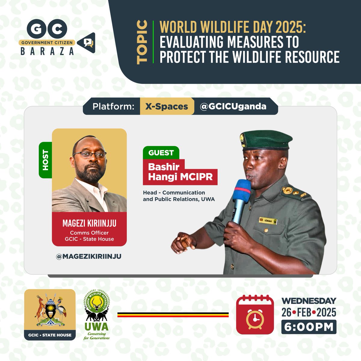 GCIC_Tourism (@destinationug1) on Twitter photo Join <a href="/GcicBaraza/">#CitizenBaraza</a> this evening with <a href="/bashirhangi/">Bashir Hangi MCIPR</a> from <a href="/ugwildlife/">Uganda Wildlife Authority</a> to discuss efforts to protect Uganda's Wildlife. He will highlight the activities taking place in preparation for the upcoming World Wildlife Day celebrations on 3rd March 2025.
<a href="/MTWAUganda/">Ministry of Tourism-Uganda</a> <a href="/TourismBoardUg/">Uganda Tourism Board</a> Join <a href="/GcicBaraza/">#CitizenBaraza</a> this evening with <a href="/bashirhangi/">Bashir Hangi MCIPR</a> from <a href="/ugwildlife/">Uganda Wildlife Authority</a> to discuss efforts to protect Uganda's Wildlife. He will highlight the activities taking place in preparation for the upcoming World Wildlife Day celebrations on 3rd March 2025.
<a href="/MTWAUganda/">Ministry of Tourism-Uganda</a> <a href="/TourismBoardUg/">Uganda Tourism Board</a>