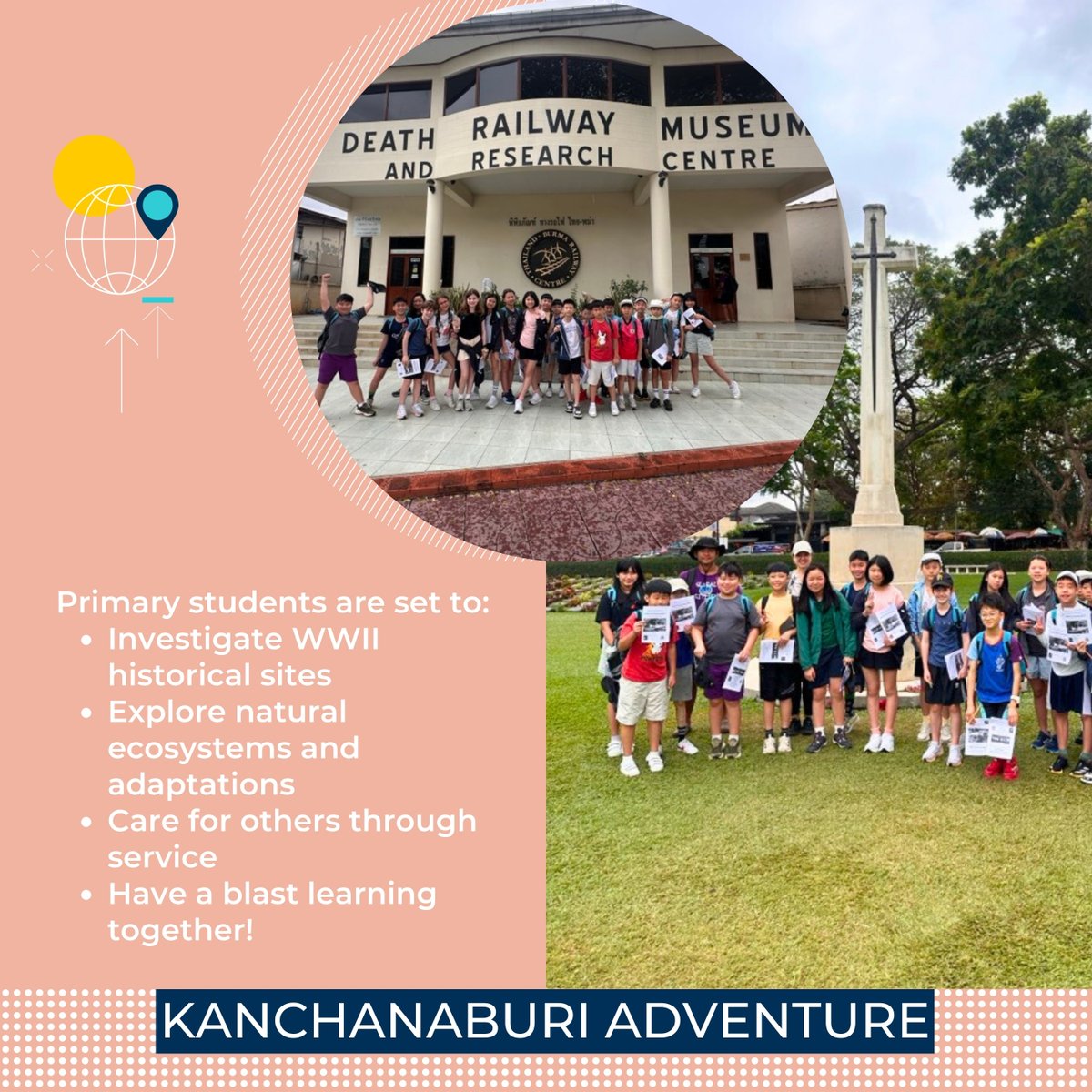 NAISHongKong's tweet image. 🌍✨ Our Year 6 students are off on Residential Trip to Thailand! 🇹🇭 They will dive into the history by investigating World War II historical sites, gaining understanding of the past. They'll also explore natural ecosystems, discovering fascinating adaptations in the environment.