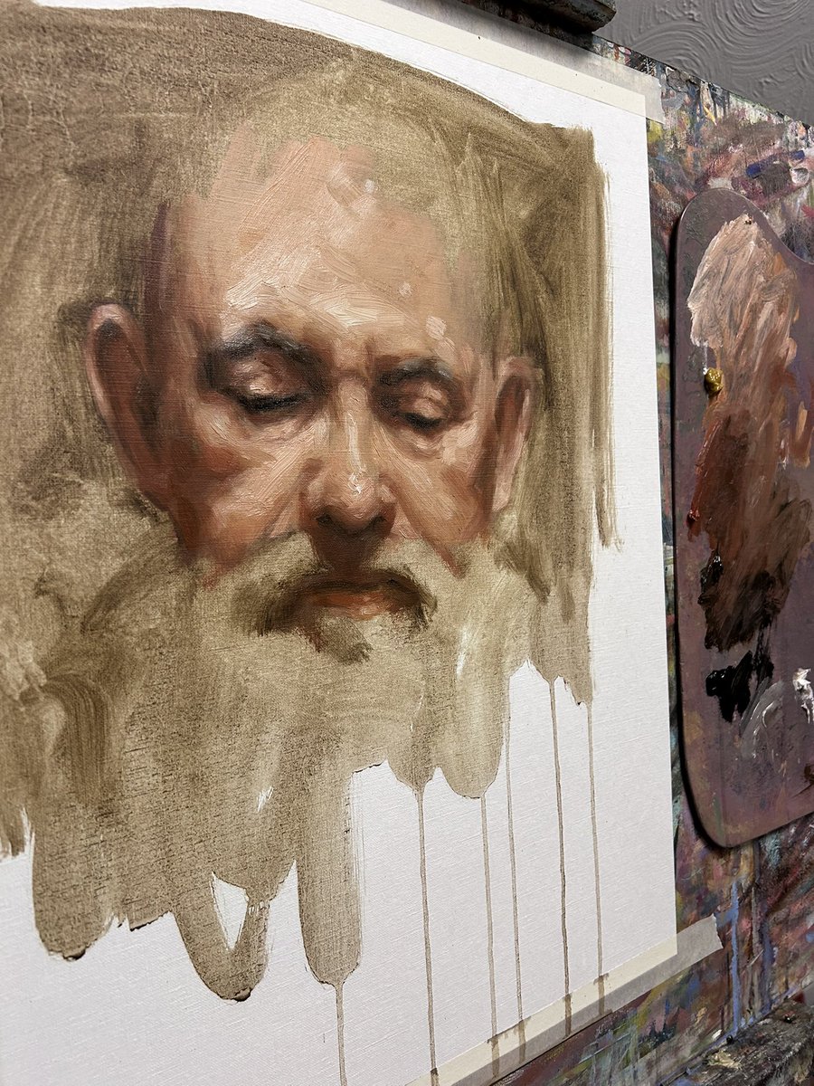 Oil sketch painted as a demonstration explaining a more traditional approach to portraiture, keeping in mind artists such as Velazquez, Van Dyck and Sargent.  50x40cm using Lead White, Ochre, Venetian Red and Raw Umber. #art #portrait #allaprima