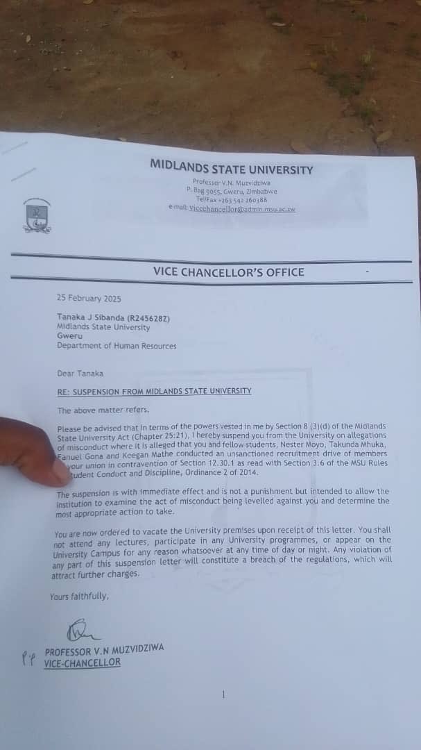 As comrades in Zinasu , we utterly reject this blatant move of suppressing freedom of association at Midlands State University. This as an initiative is a threat to academic freedom which every student in tertiary institution need. Today we stand in solidarity with ou cdes <a href="/Msu/">joe</a>