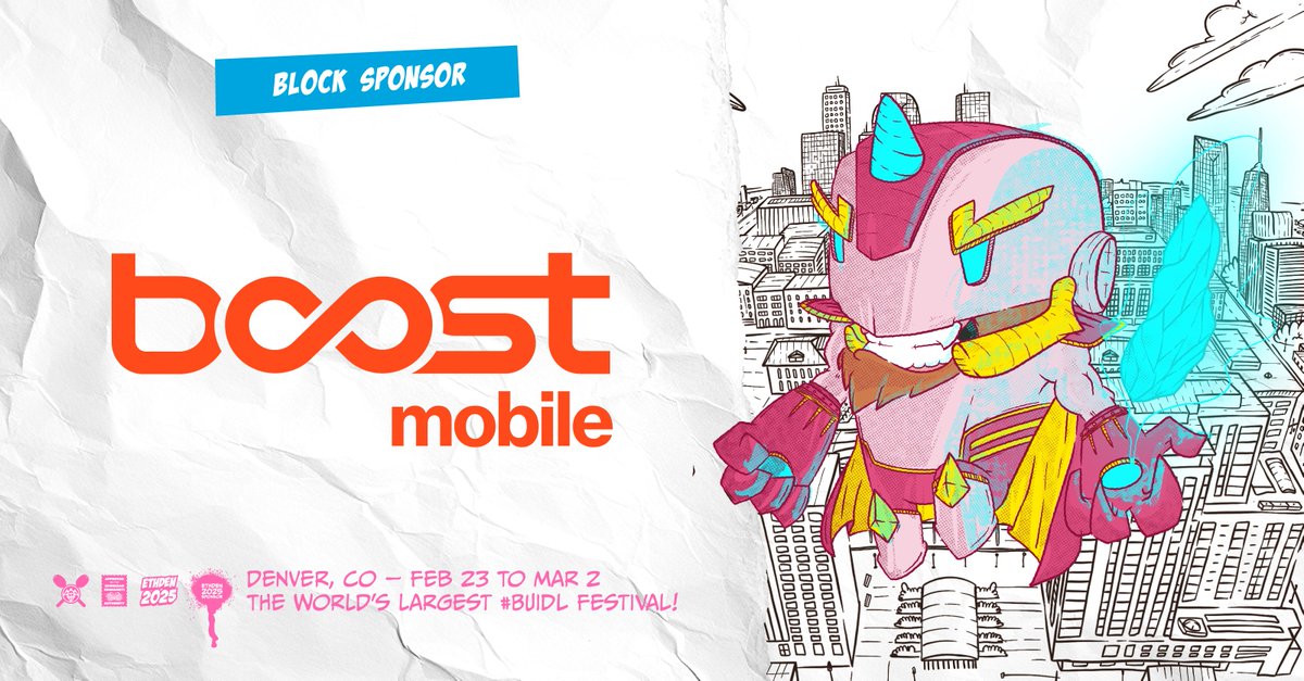 EthereumDenver's tweet photo. We’re excited to welcome @BoostMobile as an official Block Sponsor for ETHDenver 2025!

ETHDenver is where innovation thrives and boundaries are broken.

Thank you to @BoostMobile and all of our sponsors for making this possible! https://t.co/87uo7pUKMj