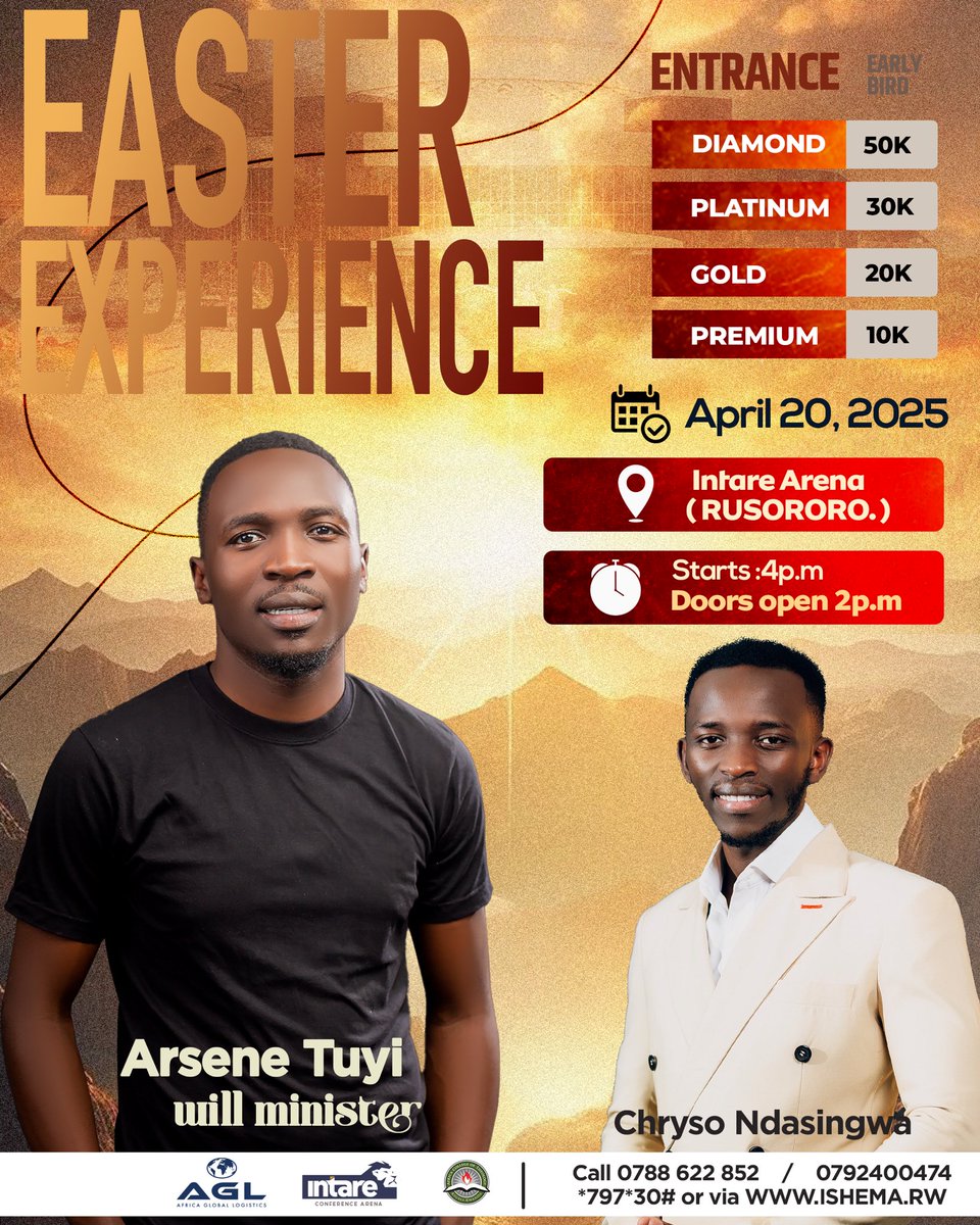 Amakuru meza! 🎉 Arsene Tuyi azadutaramira muri Easter Experience !Uzirikane itariki, kuko ni igihe cyihariye cyo guhimbaza no guhura n’Imana. Ntuzacikwe! Ndagutumiye ❤️🙏
🎟️ Gura itike yawe uyu munsi !
🌍 ISHEMA.RW | 📱 *797*30#
#INTARE_ARENA #EasterExperience