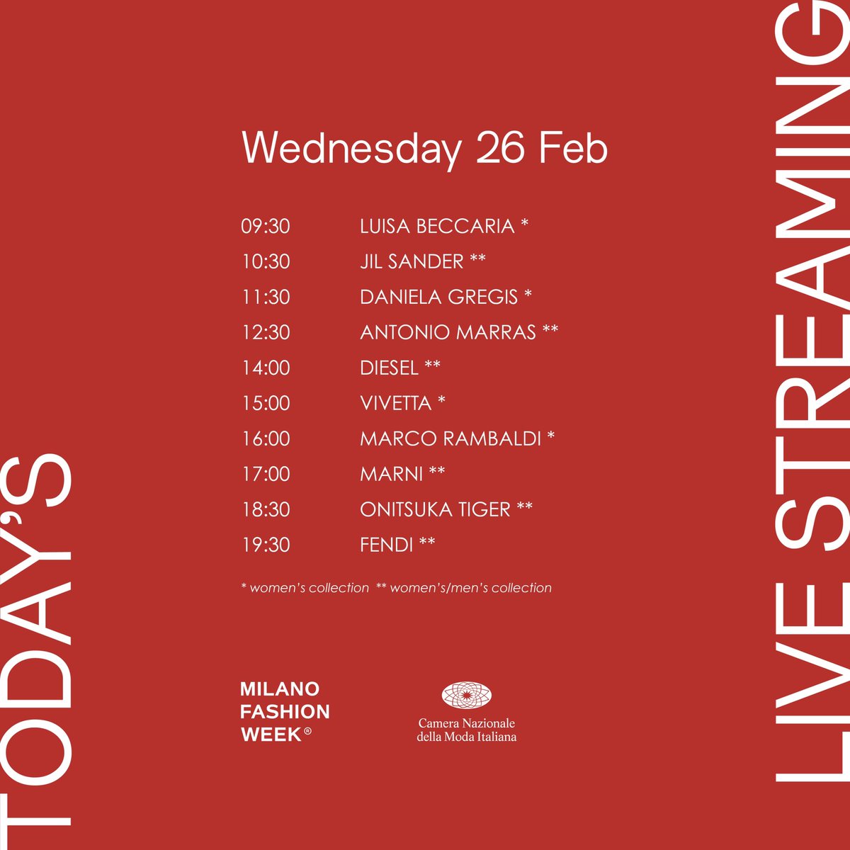 #MFW day 2
Today’s shows for the Fall/Winter 2025-26 women’s collection at Milan Fashion Week. Check the schedule and don’t miss all the live-streams from your favourite runway shows and the looks from the latest collections. 
Now live on milanofashionweek.cameramoda.it