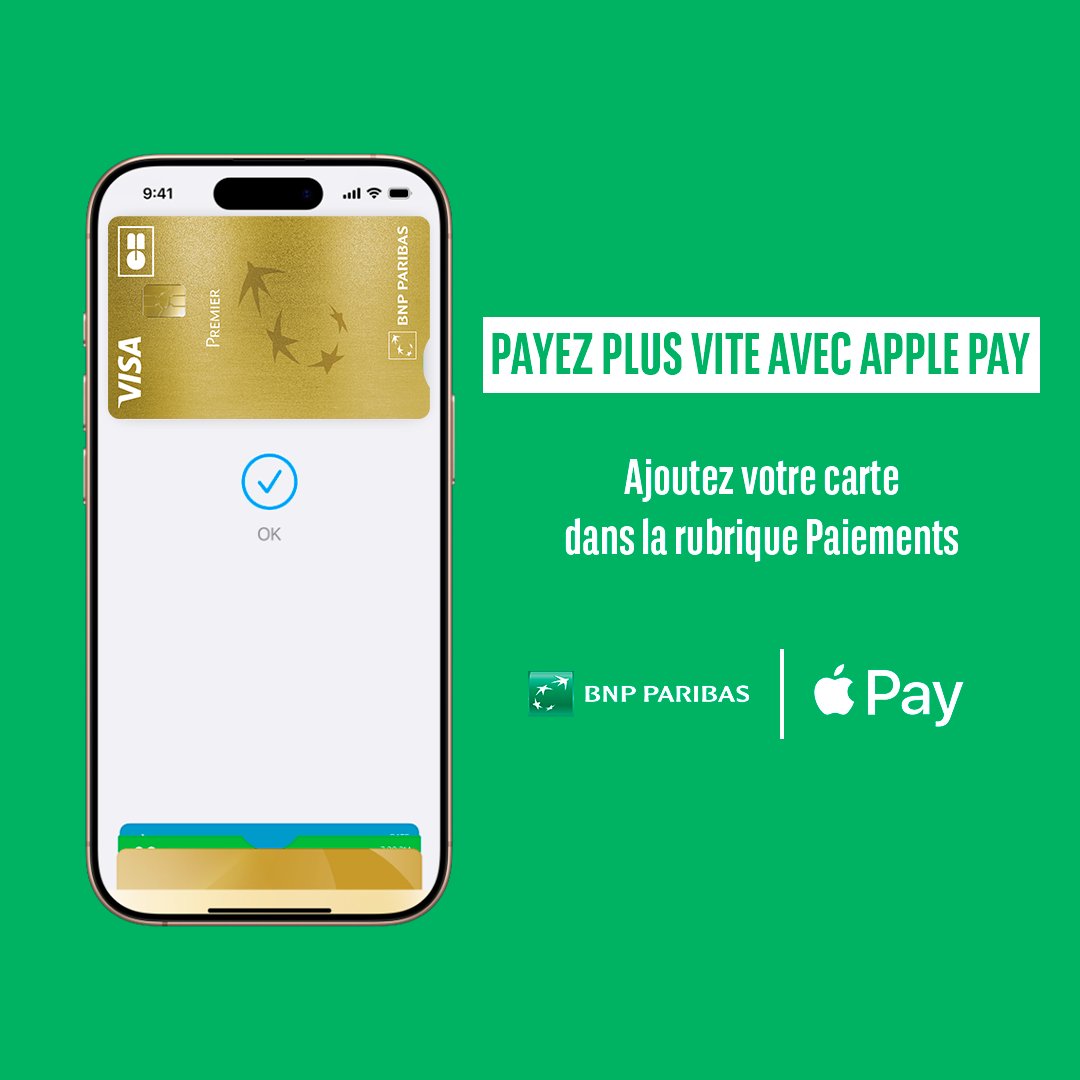 Ajoutez vos cartes bancaires #BNPParibas sur #ApplePay depuis l'app #MesComptes et facilitez vos paiements !
+ d'infos ➡️ spkl.io/6017foWuD