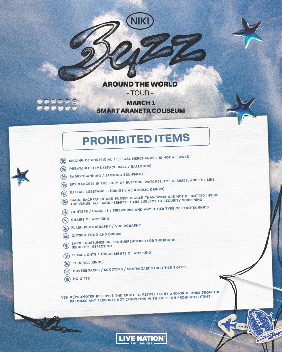 Hey, Backburners! Are you ready for Round 3 of NIKI: Buzz World Tour in Manila? Avoid delays at entry by checking the guidelines on what you can bring to the show.

#NIKIWorldTourPH