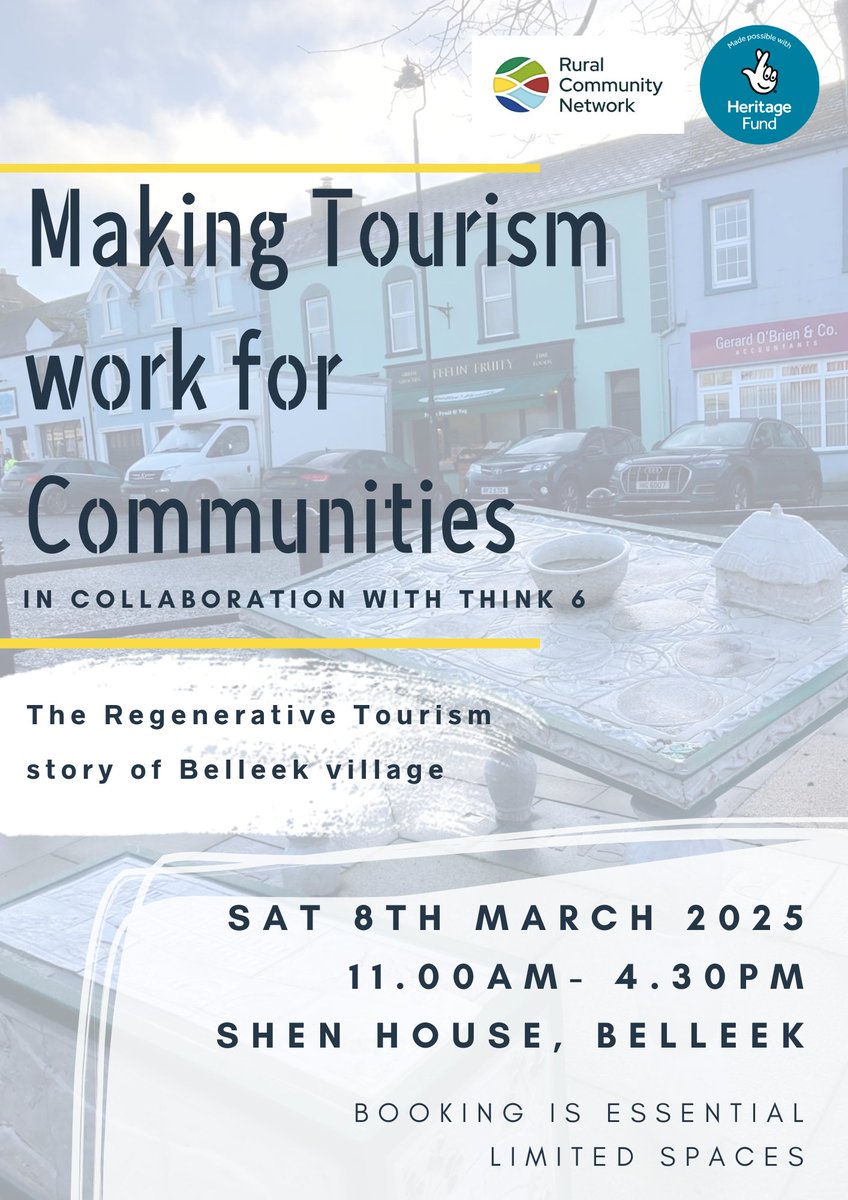 This community focused regenerative tourism learning journey focuses on how tourism can bring real benefit to your rural community. Facilitated by Teresa O'Loughlin think6 Tourism and Marketing Consultant. 
Lunch will be provided.
Book here 👉 forms.gle/CVTRUPKwT2we3b…