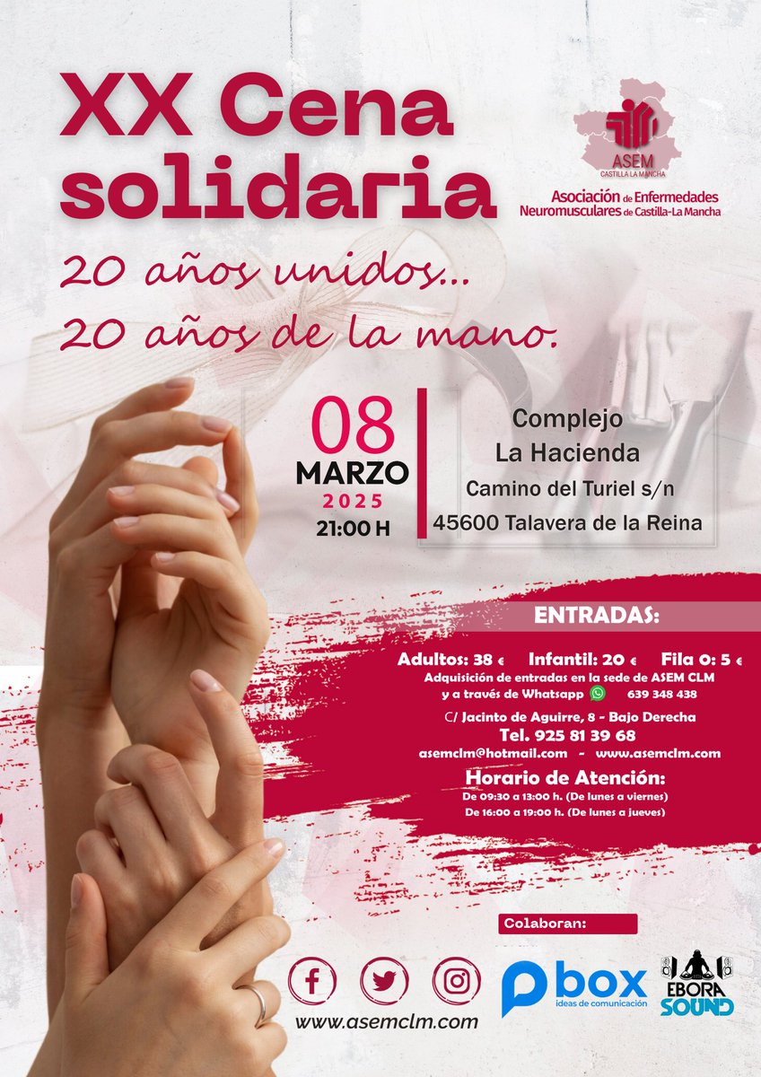Asem Clm (@asemclm) on Twitter photo 🔴TE ESPERAMOS🔴
Porque es momento de celebrar dos décadas de nuestra...
😍CENA SOLIDARIA😍
🔺Save the date🔻
📌Sábado, 8 de marzo de 2025. 21:00 horas
👉En complejo La Hacienda de Talavera.
*
*
#asemclm #asociacion #enfermedadesneuromusculares #enfermedadesraras #enm #er 🔴TE ESPERAMOS🔴
Porque es momento de celebrar dos décadas de nuestra...
😍CENA SOLIDARIA😍
🔺Save the date🔻
📌Sábado, 8 de marzo de 2025. 21:00 horas
👉En complejo La Hacienda de Talavera.
*
*
#asemclm #asociacion #enfermedadesneuromusculares #enfermedadesraras #enm #er